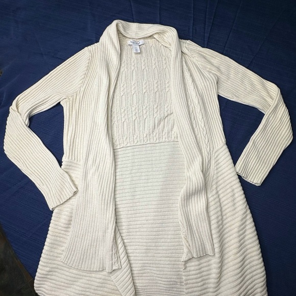 White House Black Market Sweater Cream Ivory Waterfall Front Cable Knit Medium - Picture 1 of 8
